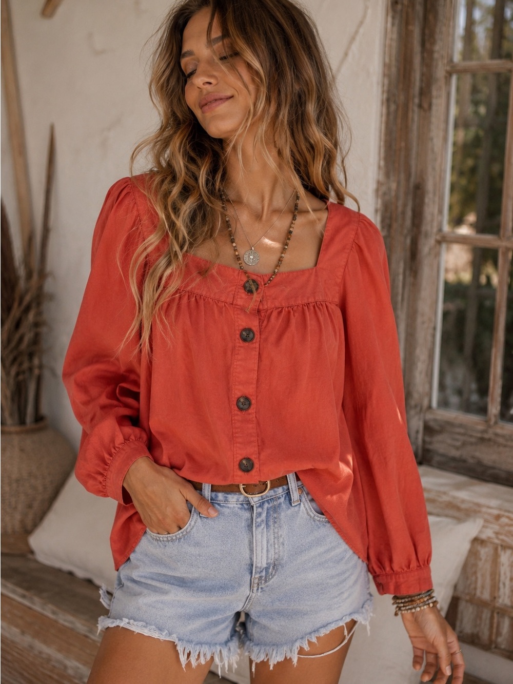 St John’s Bay Womens Medium Coral Button Front Blouse Puff Sleeve Cottagecore